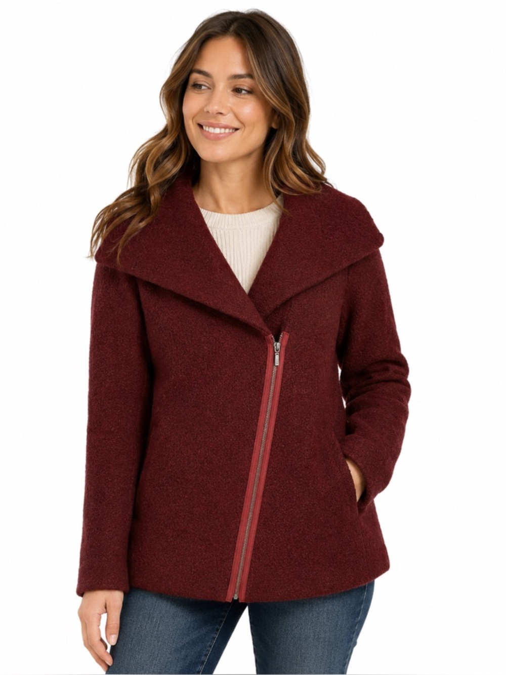 Tahari Cardigan Sweater Womens Size Med Red Wool Blend Long Sleeve Asymmetrical
